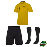 A&H yellow referee kit bundle: short-sleeve shirt, black shorts and black socks