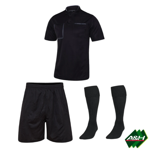 A&H black referee kit bundle: short-sleeve shirt, shorts and socks