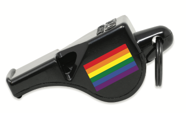 Limited edition Fox 40 Classic Pride whistle with rainbow stripe, side view