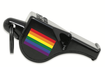 Limited edition black Fox 40 Classic Pride whistle with rainbow stripe