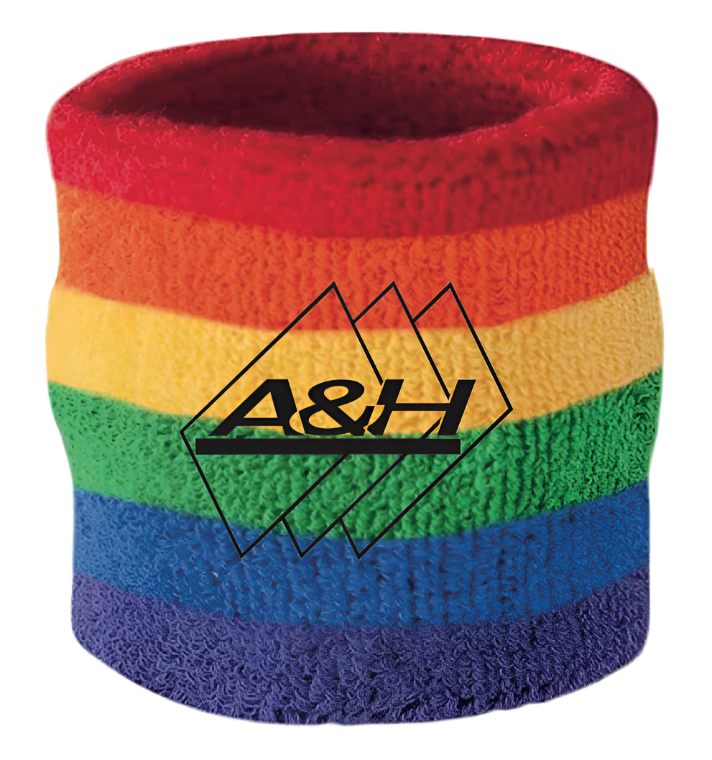 A&H rainbow-striped towelling wrist sweatband with black A&H logo