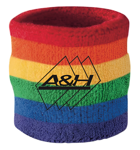 A&H rainbow-striped towelling wrist sweatband with black A&H logo