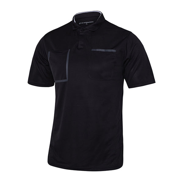 A&H black short-sleeve referee shirt with grey-trimmed chest pockets, front view