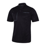 A&H black short-sleeve referee shirt with grey-trimmed chest pockets, front view