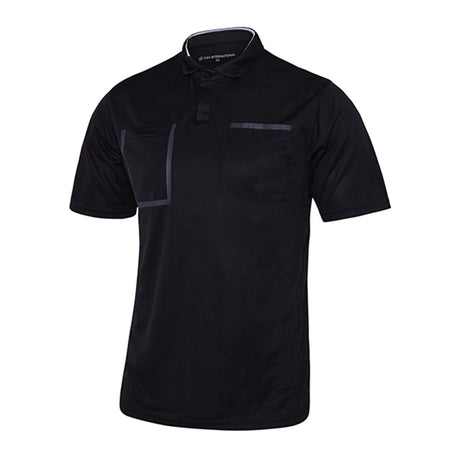 A&H black short-sleeve referee shirt with grey-trimmed chest pockets, front view
