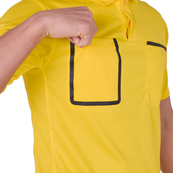 Close-up of the deep chest pocket on the A&H yellow referee shirt