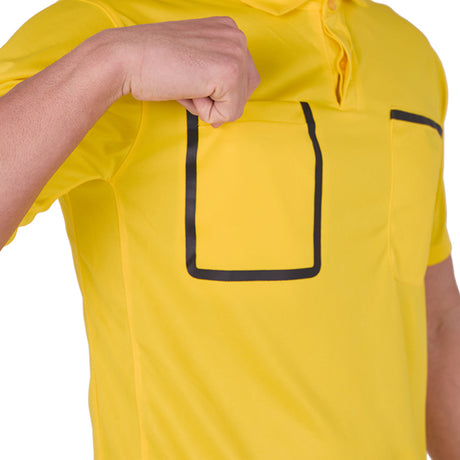 Close-up of the deep chest pocket on the A&H yellow referee shirt