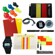 A&H Advanced Referee Equipment Pack laid out: whistles, red and yellow cards, match wallet, watch, flags and accessories