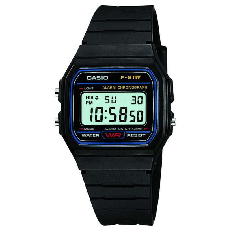 Casio F-91W black digital referee watch, front view