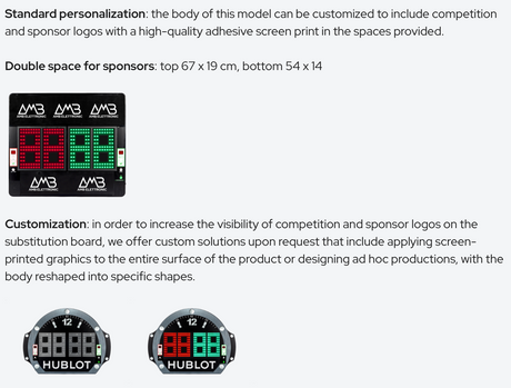 Pro substitution board customisation options, showing sponsor space and printed graphics