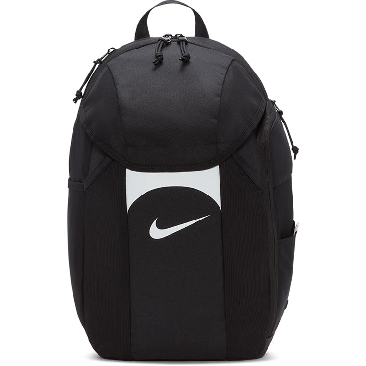 Nike black backpack with white Nike swoosh, front view