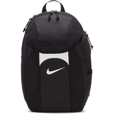 Nike black backpack with white Nike swoosh, front view