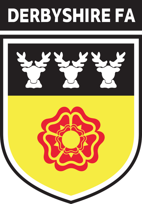 Derbyshire FA referee badge: black and yellow shield with three stag heads and a Tudor rose