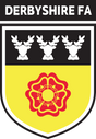 Derbyshire FA referee badge: black and yellow shield with three stag heads and a Tudor rose