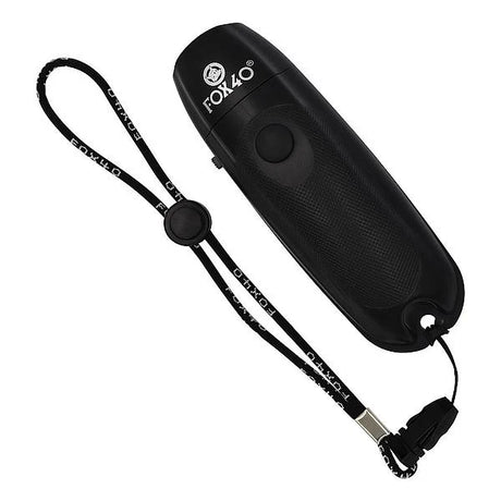 Fox 40 electronic referee whistle in black with wrist lanyard
