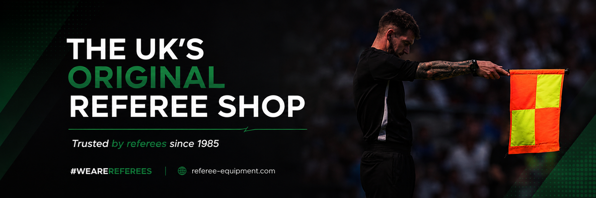 A&H banner: The UK's Original Referee Shop, trusted by referees since 1985, with an assistant referee raising a flag