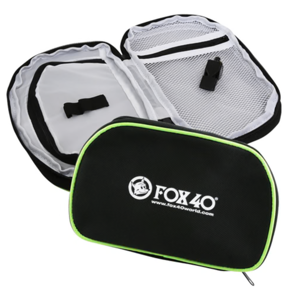 Fox 40 accessory case open with a Classic whistle inside, shown with the closed black case