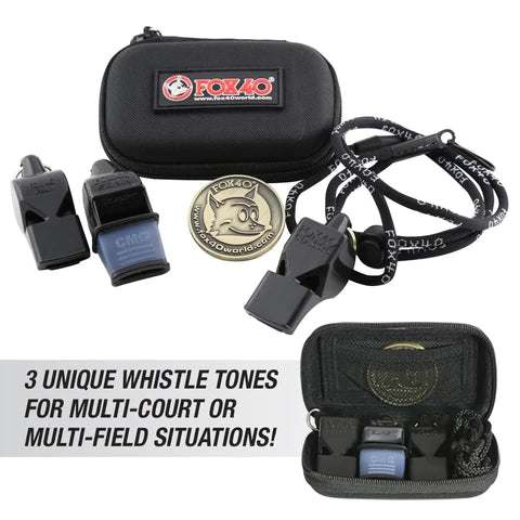 Fox 40 whistle 3-pack with three different-tone whistles, coin, lanyard and zipped case