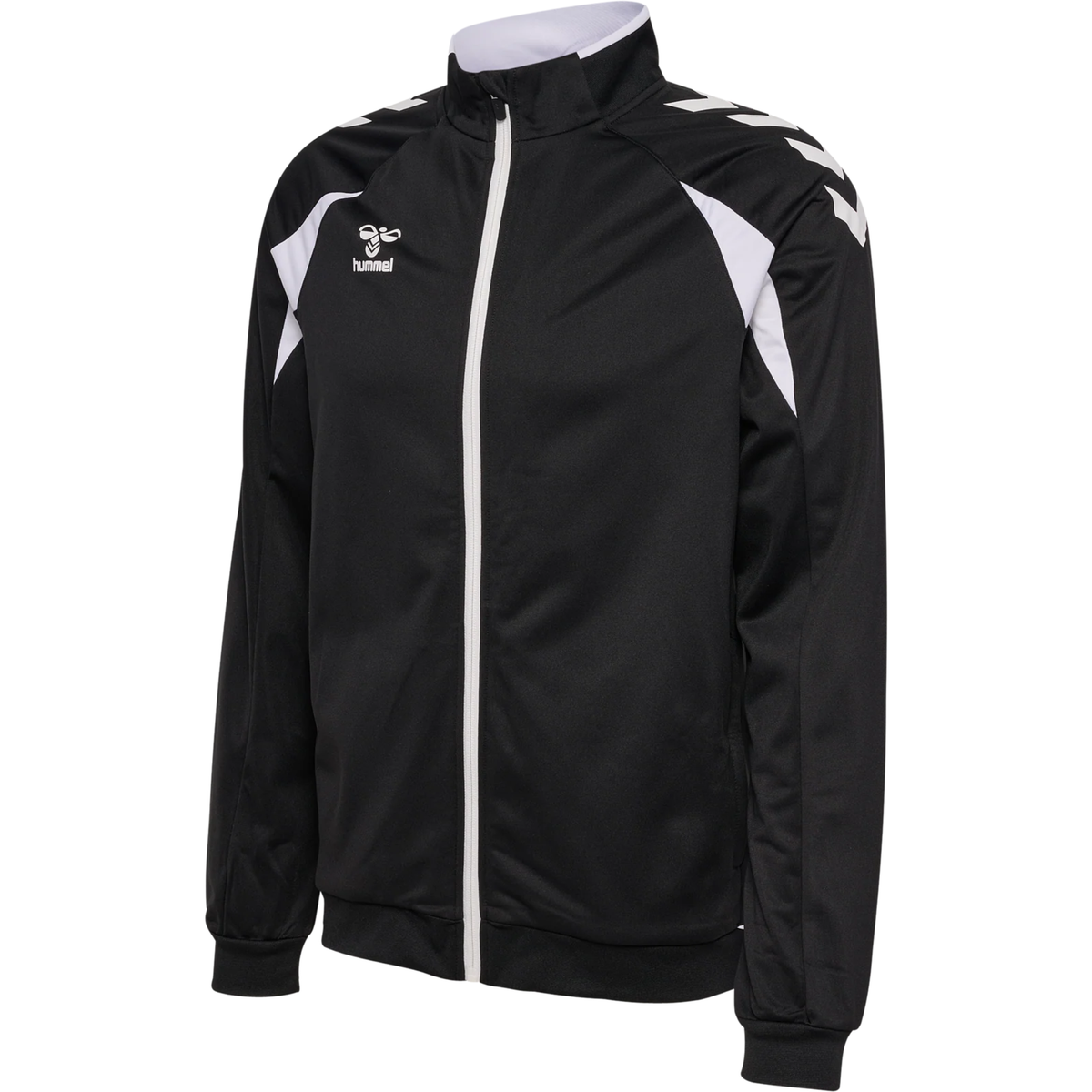 Hummel 2026/28 black referee full-zip jacket with white chevron sleeves, front view