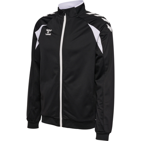 Hummel 2026/28 black referee full-zip jacket with white chevron sleeves, front view