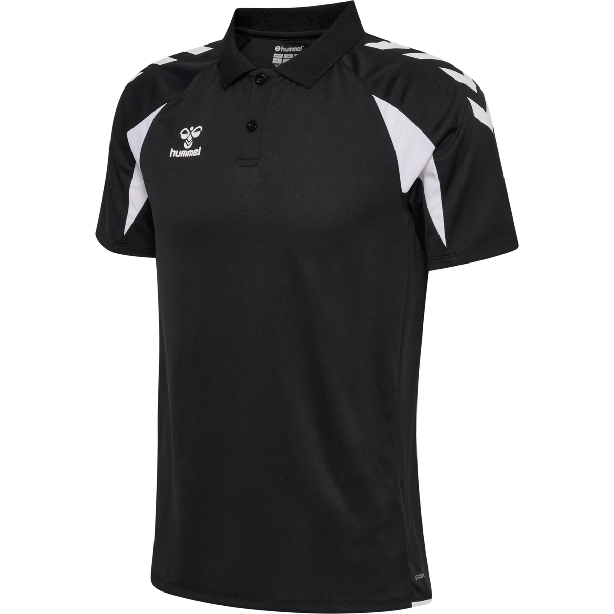Hummel 2026/28 black referee polo shirt with white chevron sleeves, front view