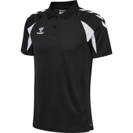 Hummel 2026/28 black referee polo shirt with white chevron sleeves, front view