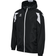 Hummel 2026/28 black hooded referee rain jacket with white chevron sleeves, front view