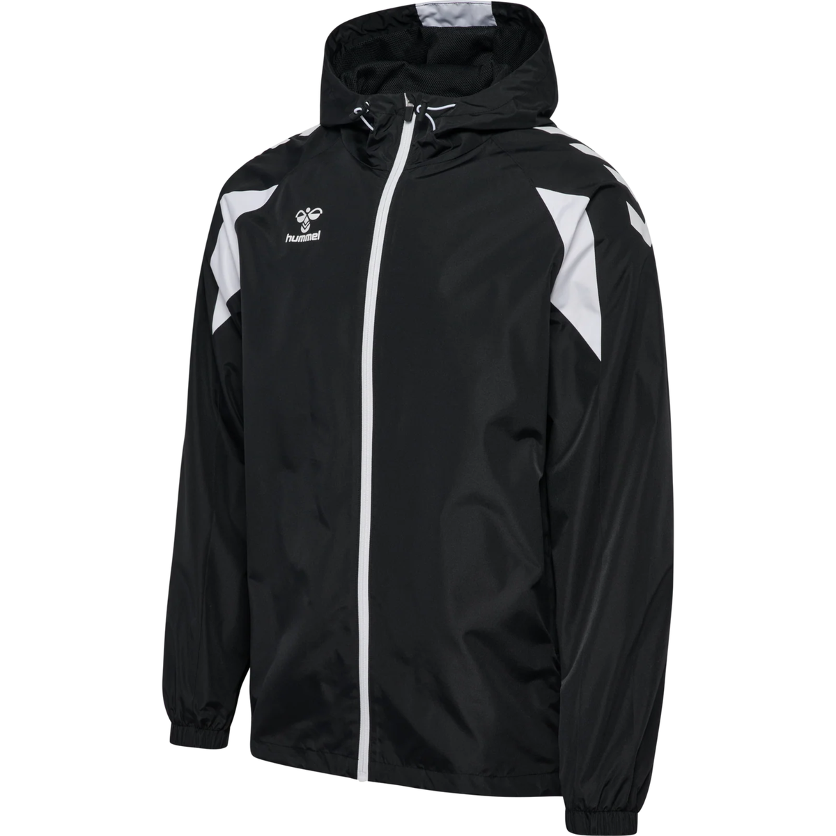 Hummel 2026/28 black hooded referee rain jacket with white chevron sleeves, front view