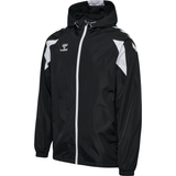 Hummel 2026/28 black hooded referee rain jacket with white chevron sleeves, front view
