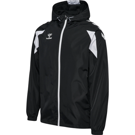 Hummel 2026/28 black hooded referee rain jacket with white chevron sleeves, front view