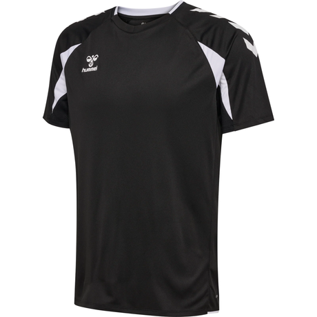 Hummel 2026/28 black referee training top with white chevron sleeves, front view