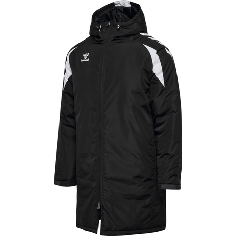 Hummel 2026/28 black long padded hooded referee winter coat, front view