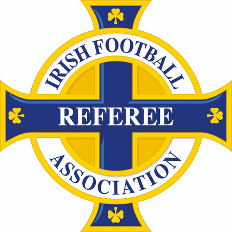Irish FA referee badge: blue and gold cross with Irish Football Association Referee text