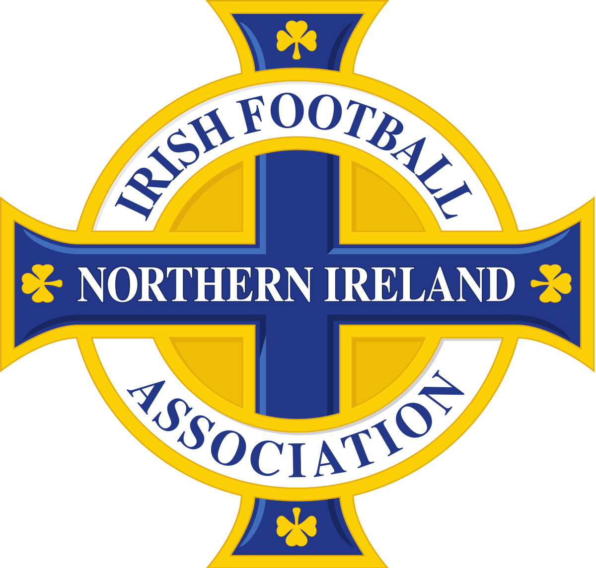 Yellow and blue Irish Football Association logo with a cross shape. "Northern Ireland" text on the cross, clovers, and a bold, sporty design.