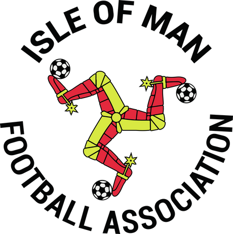 Isle of Man FA referee badge: triskelion of three legs with footballs