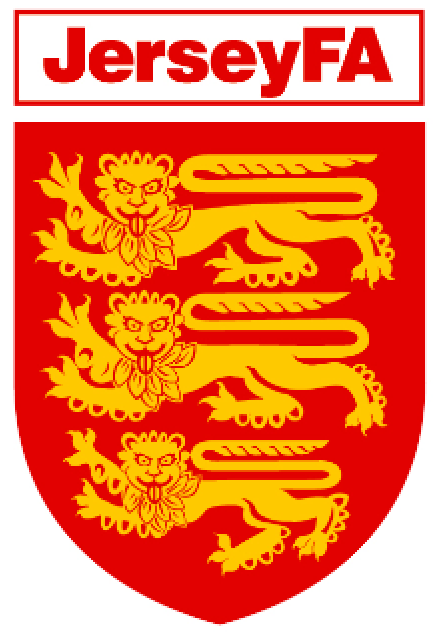 Jersey FA referee badge: red shield with three gold lions