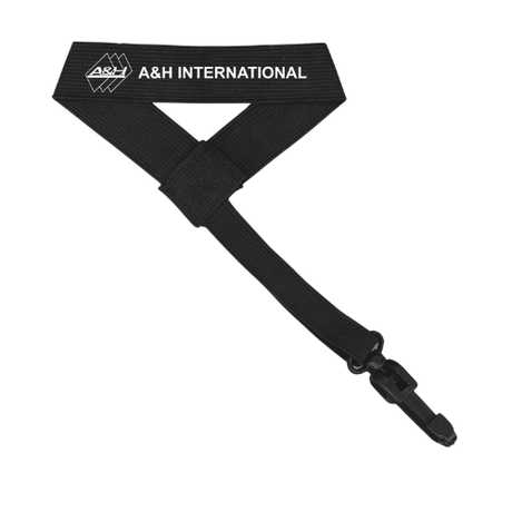 A&H black wrist lanyard with A&H International text and clip