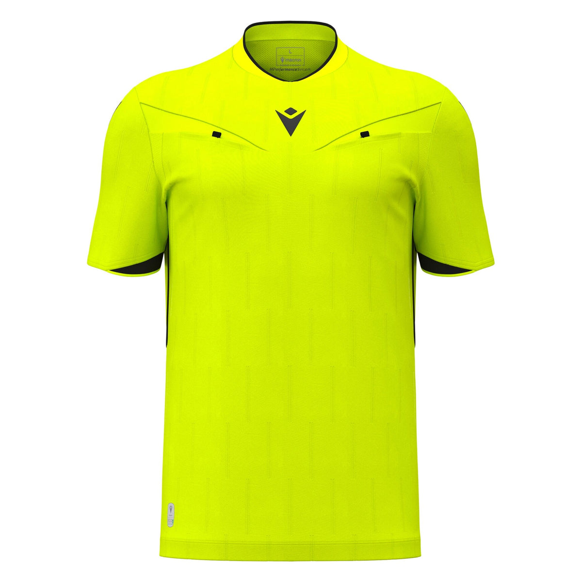 Macron Mendez short-sleeve referee shirt in yellow, straight front view
