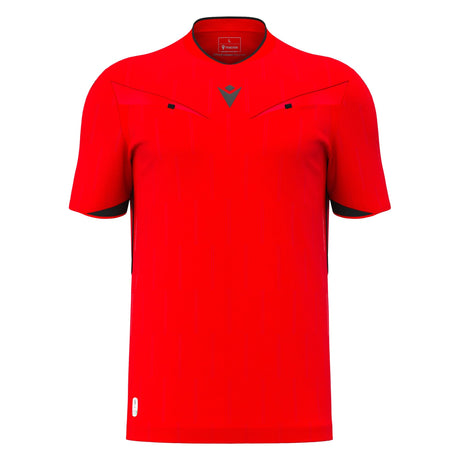 Macron Mendez short-sleeve referee shirt in red, straight front view