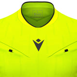 Close-up of the collar and Macron logo on the yellow Macron Mendez referee shirt
