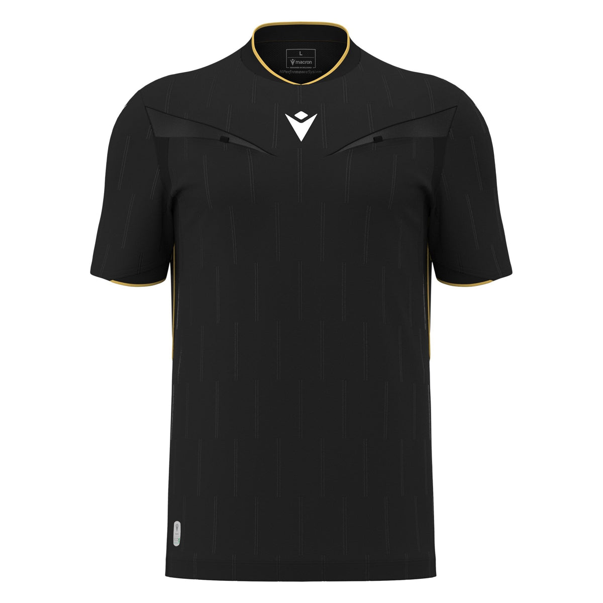 Macron Mendez short-sleeve referee shirt in black, straight front view