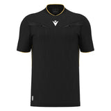 Macron Mendez short-sleeve referee shirt in black, straight front view