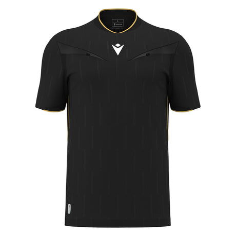 Macron Mendez short-sleeve referee shirt in black, straight front view