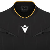 Close-up of the gold-trimmed collar and Macron logo on the black Macron Mendez referee shirt