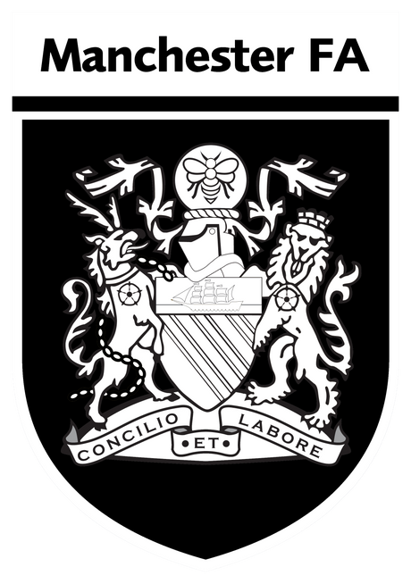 Manchester FA referee badge in black and white, featuring the Manchester coat of arms