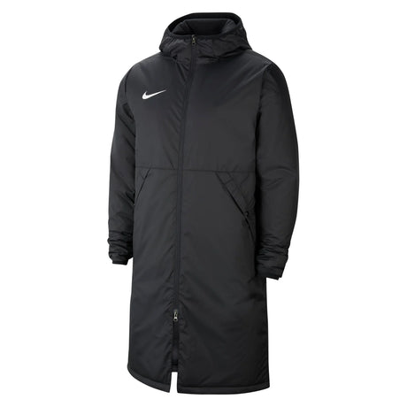 Nike black long padded hooded winter jacket, front view
