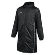 Black Nike Park 2026 Winter Jacket: a long, padded referee coat with a hood, full-length zip, white swoosh and white side piping