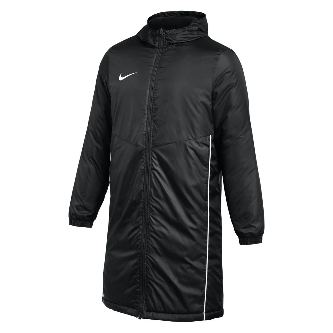 Black Nike Park 2026 Winter Jacket: a long, padded referee coat with a hood, full-length zip, white swoosh and white side piping