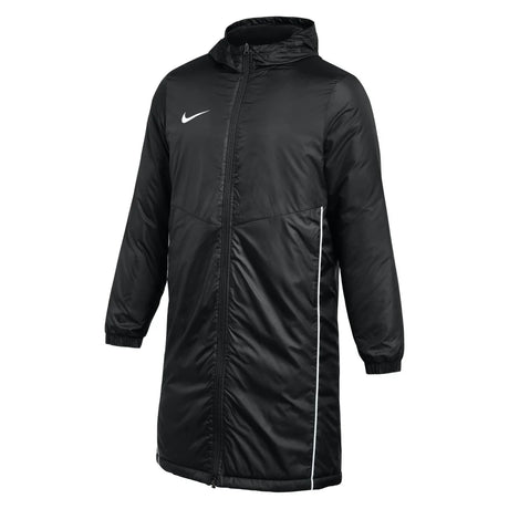 Black Nike Park 2026 Winter Jacket: a long, padded referee coat with a hood, full-length zip, white swoosh and white side piping