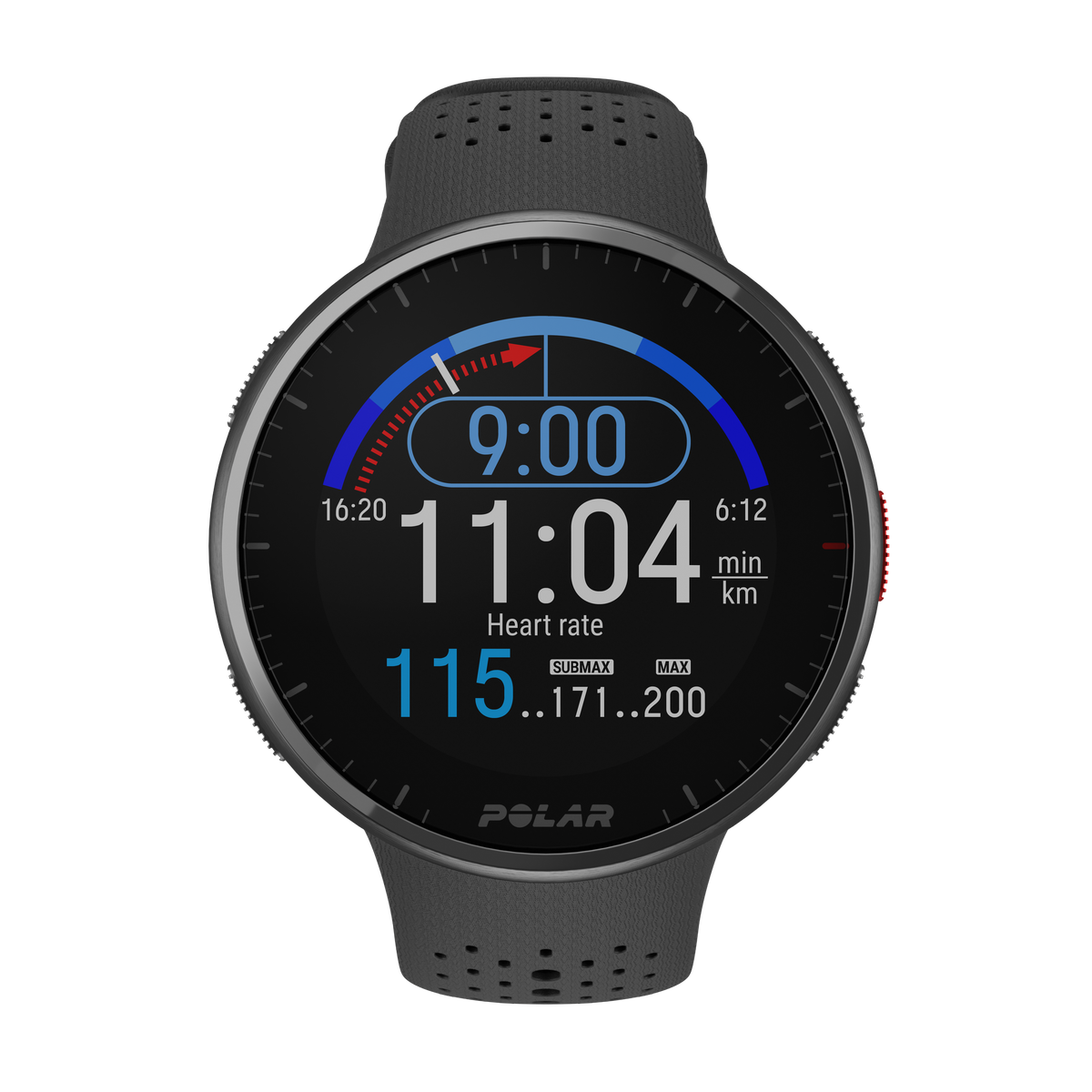 Polar Pacer Pro carbon grey GPS running watch showing a running test screen
